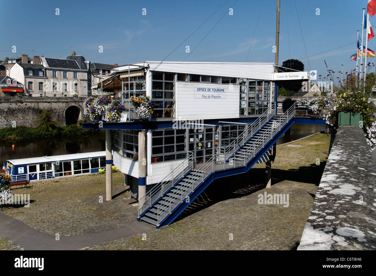 Touristic office, Mayenne city, river La Mayenne (Mayenne, Pays de Loire, France). Stock Photo