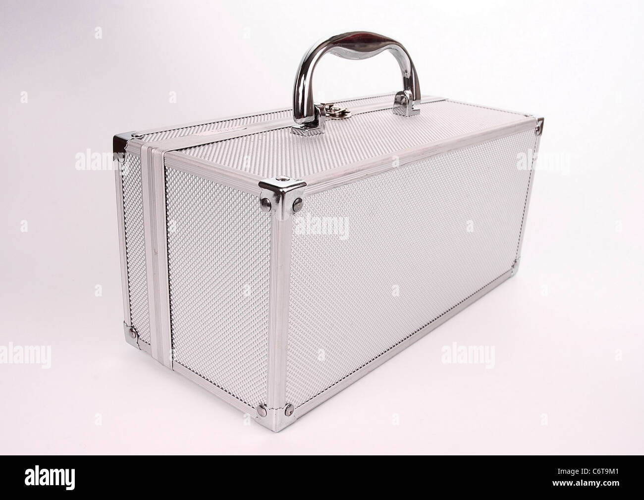 Silver toned metal briefcase, isolated on white backround Stock Photo Alamy