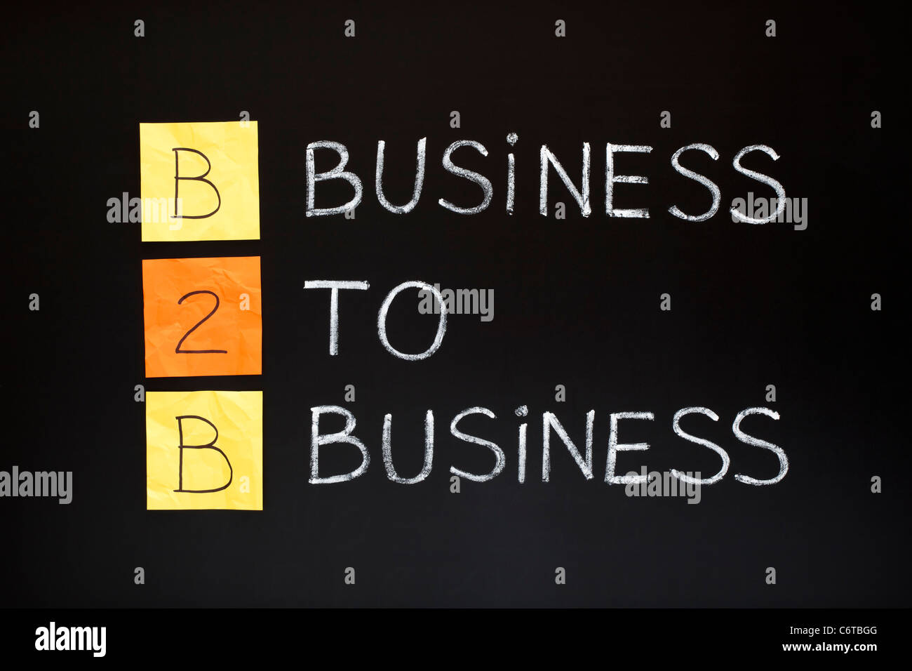 B2B acronym - BUSINESS TO BUSINESS. Concept made with sticky notes and white chalk on a blackboard. Stock Photo
