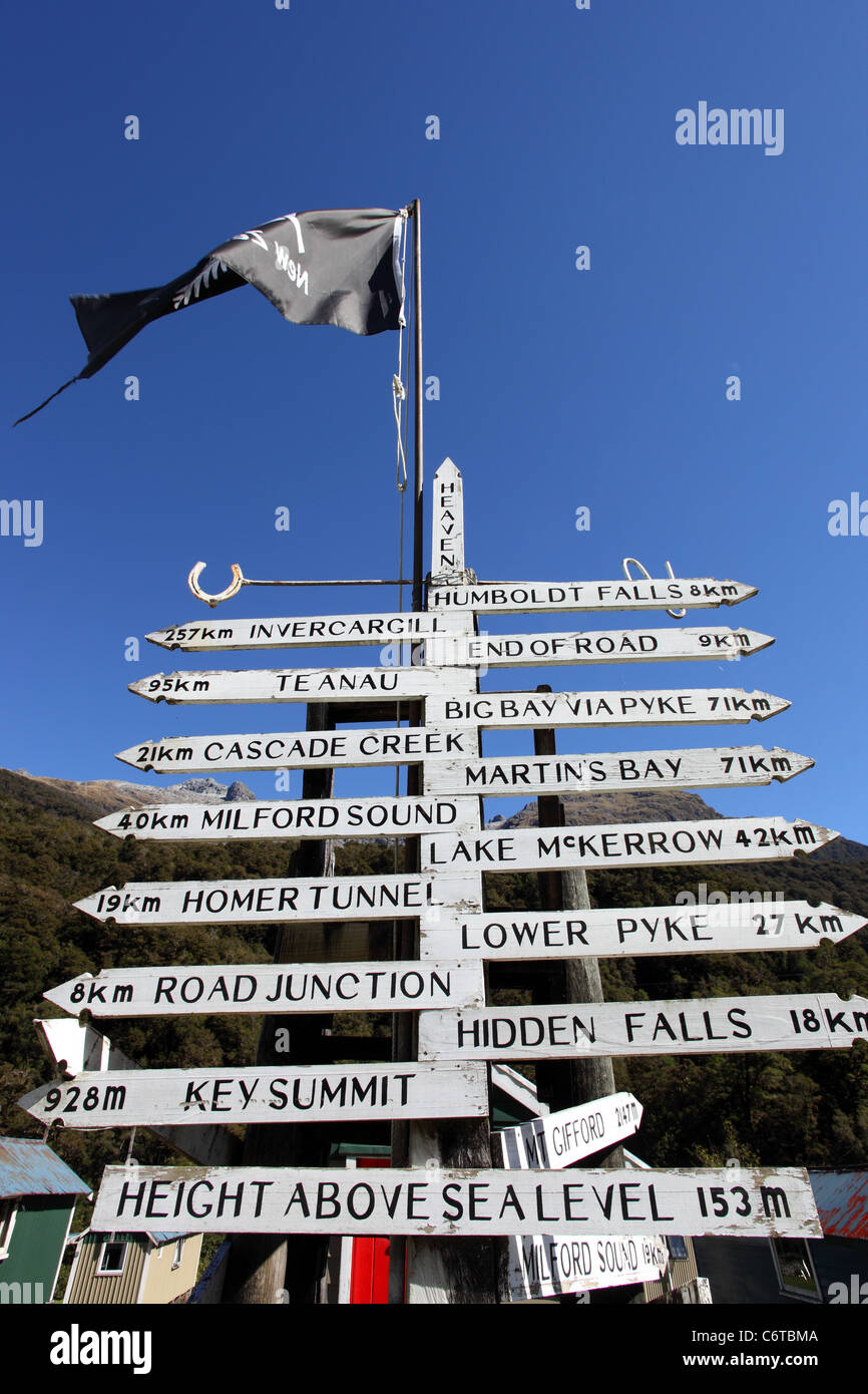 Signpost in the Hollyford Valley. Fiordland National Park, Southland, South Island, New Zealand, Australasia Stock Photo