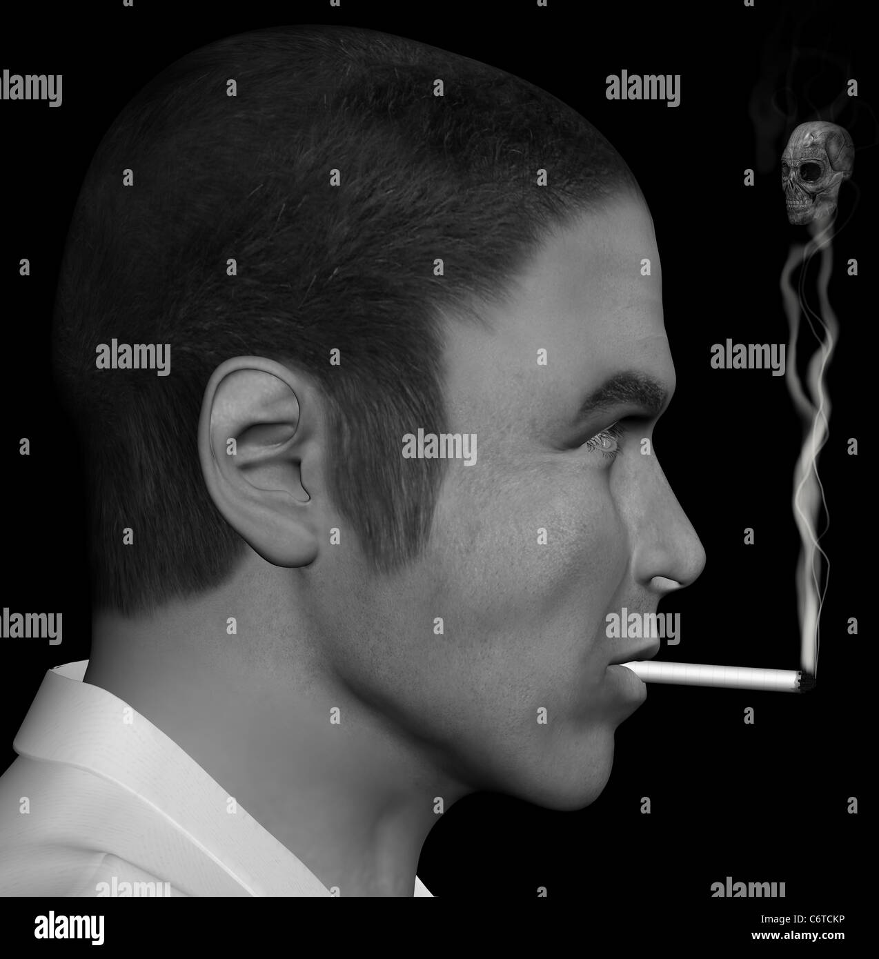 Man smoking a cigarette with skull forming through the smoke. 3d illustration. Stock Photo