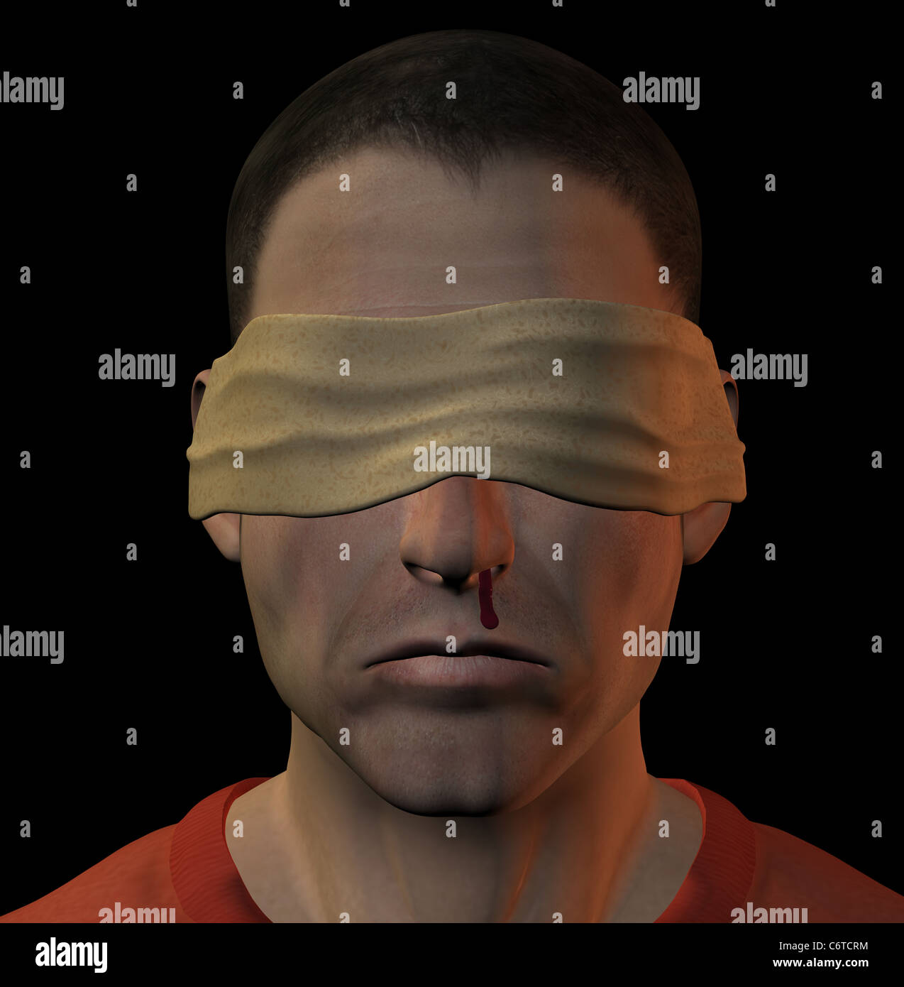 Tortured blindfolded man with bleeding nose. 3d illustration. Stock Photo