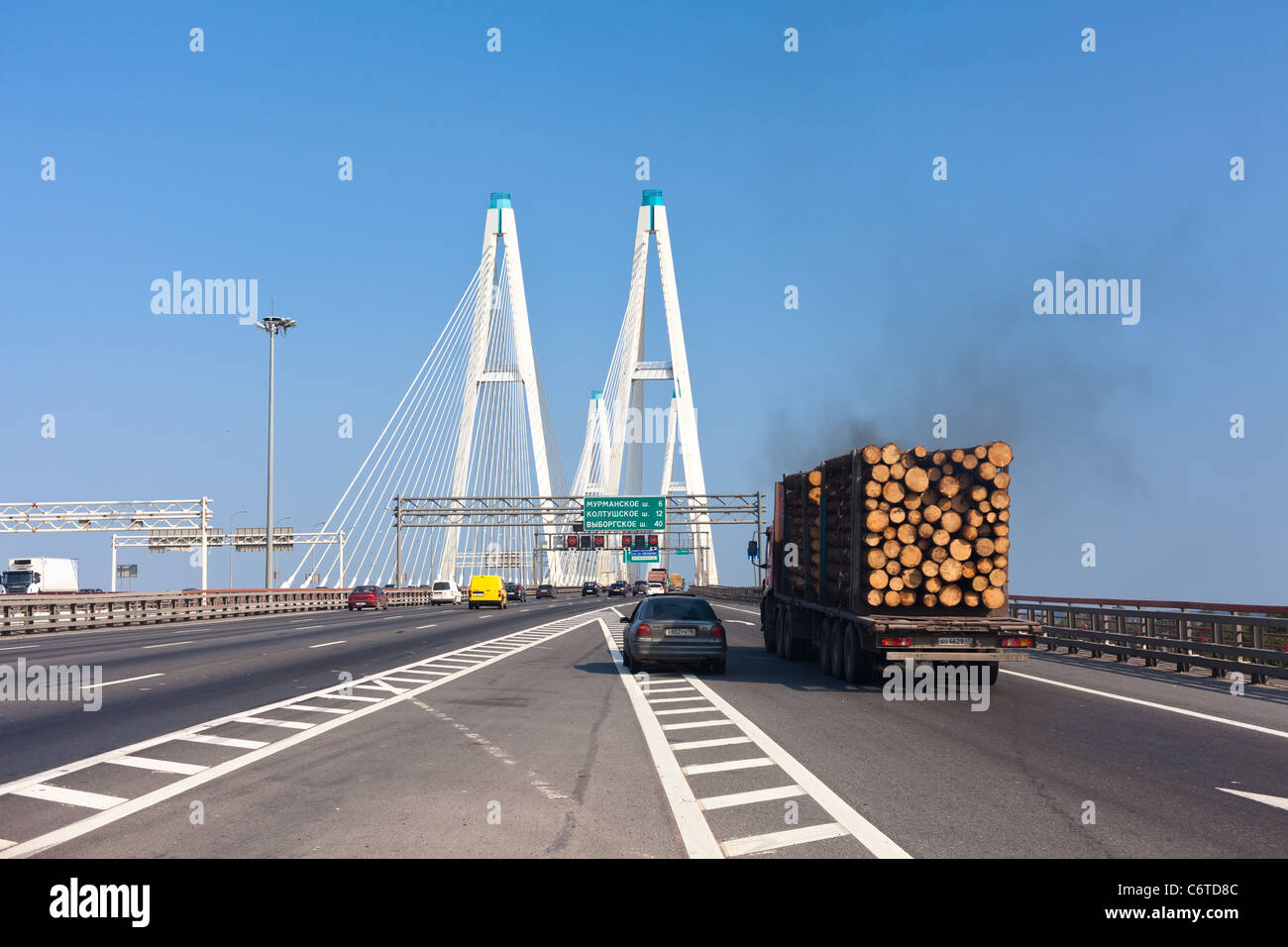 Cable-braced bridge(Obukhovsky) across the river Neva, Russia, St. Petersburg. Ringway around city. Road and cars Stock Photo