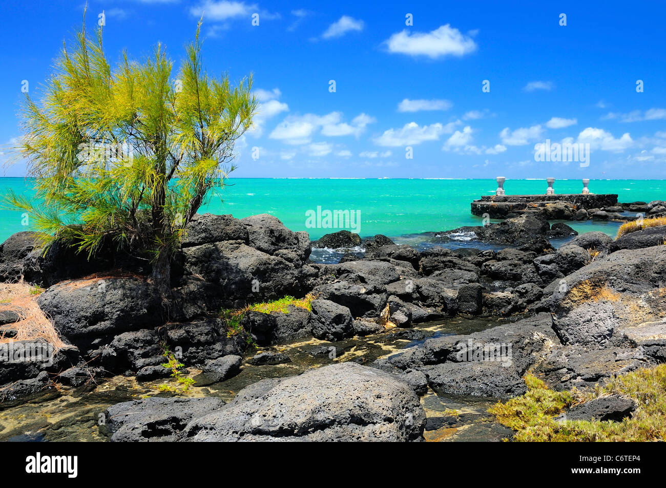 Rocky shore in Cap Malheureux, Riviere Du Rempart, Mauritius Stock