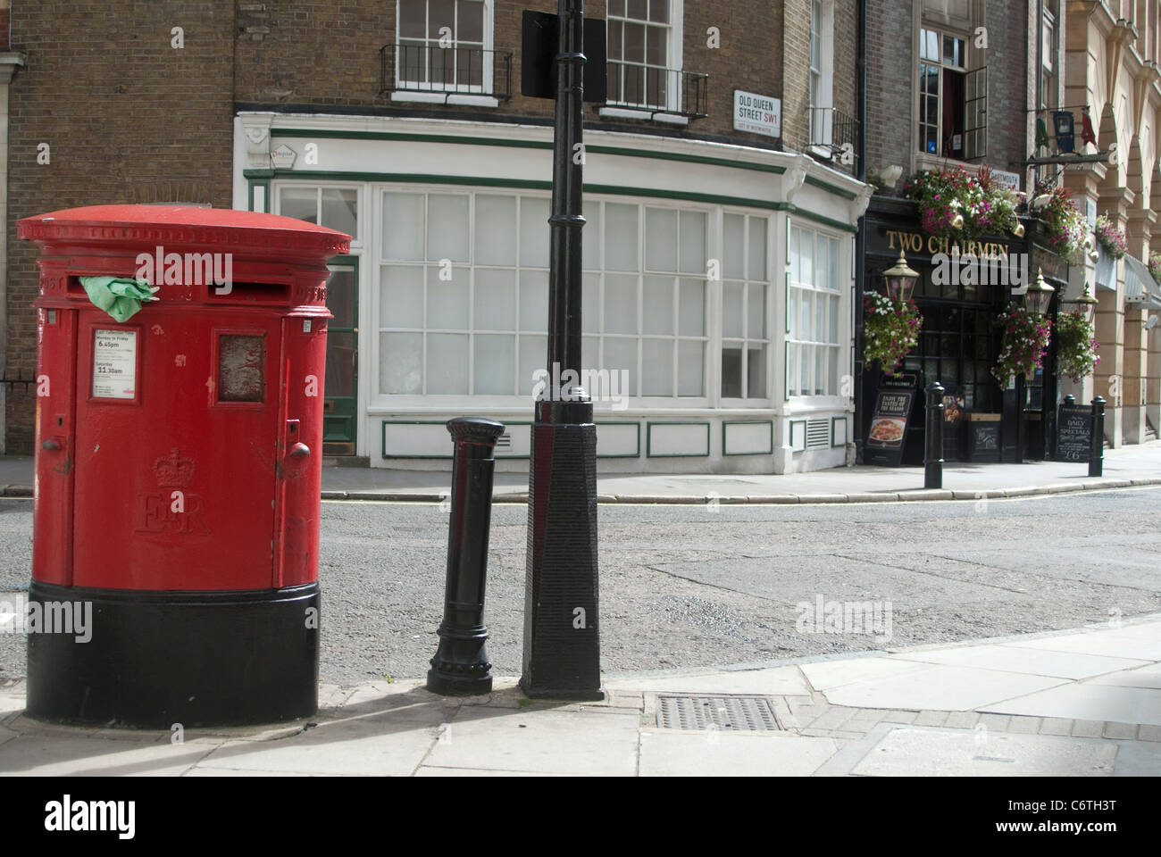 Old London postbox and traditional pub in Fitzrovia London Stock Photo