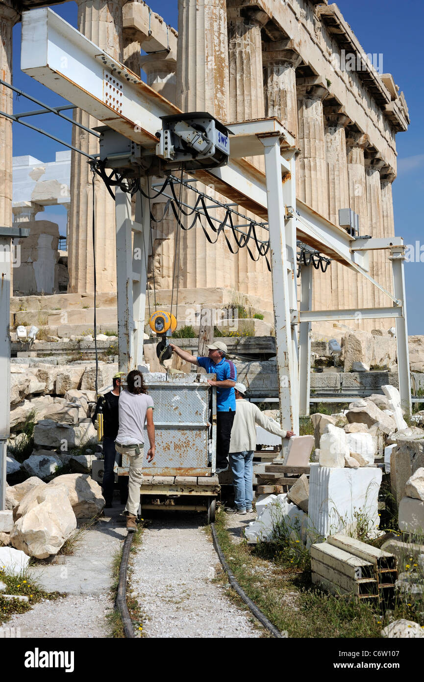 Athens, Greece, Greek construction workers at Restoration site in Acropolis Stock Photo