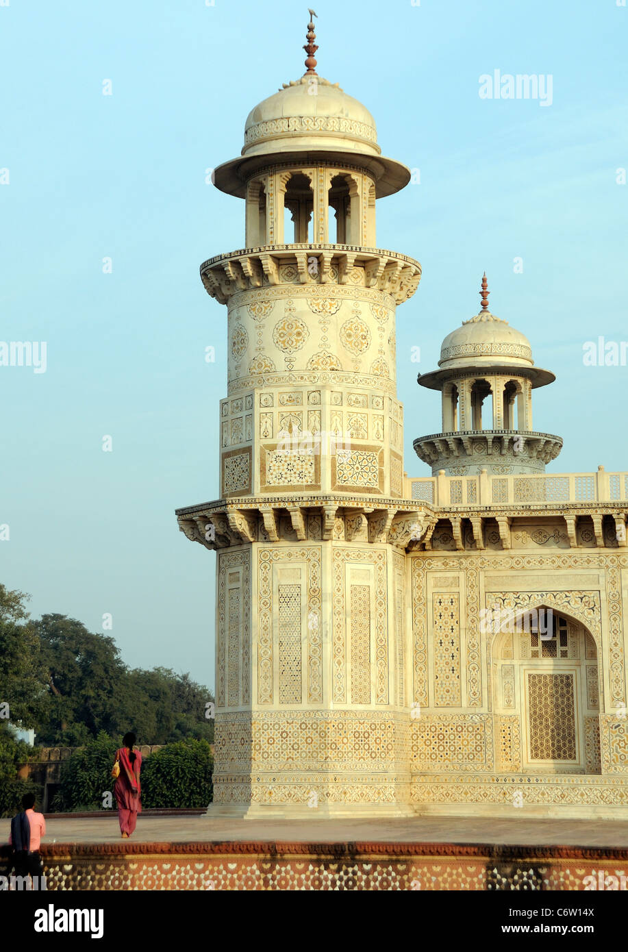 Highly ornate white marble tower at the  Tomb of Itimad ud Daulah whose name was Mirza Ghiyas Beg and his wife Asmat Begum. Agra Stock Photo