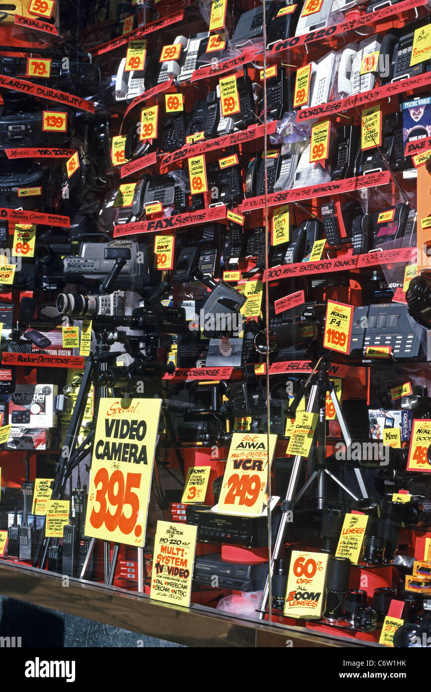 electronics for sale in a store window in California, USA 1994 Stock Photo