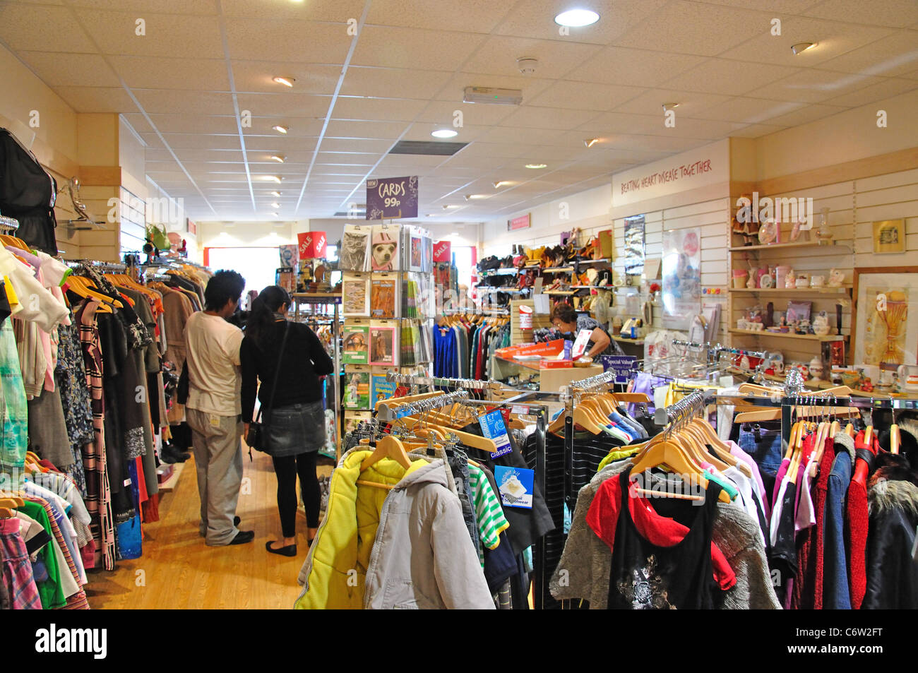 Interior view of British Heart Foundation Charity Shop, High Street, Slough, Berkshire, England