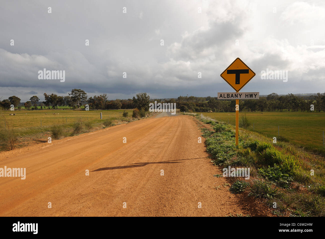 road sign on the unsealed Beaufort Road, looking towards Albany Highway (near Quailerup), Western Australia, Australia Stock Photo