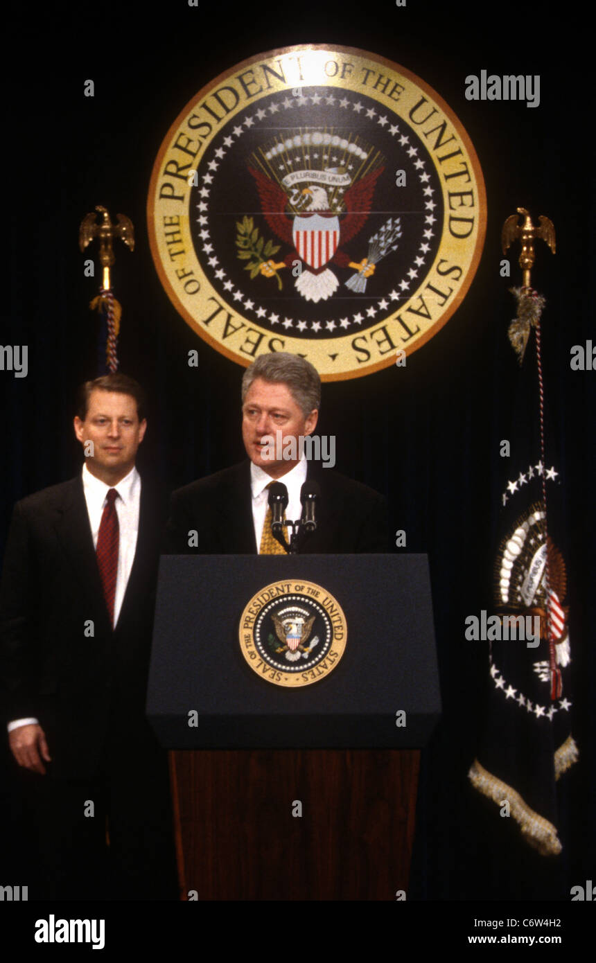 US President Bill Clinton releases the Fiscal Year 1998 Federal Budget as Vice President Al Gore watches Stock Photo
