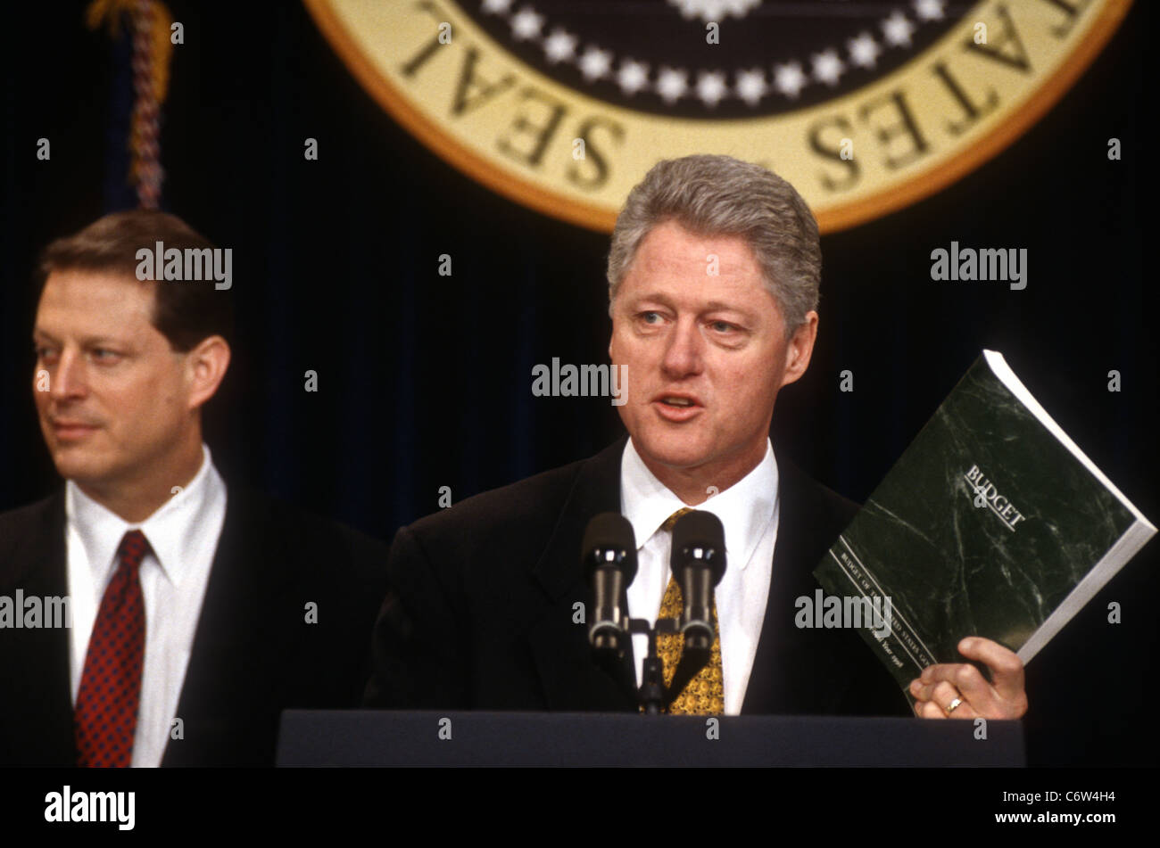 US President Bill Clinton releases the Fiscal Year 1998 Federal Budget as Vice President Al Gore watches Stock Photo