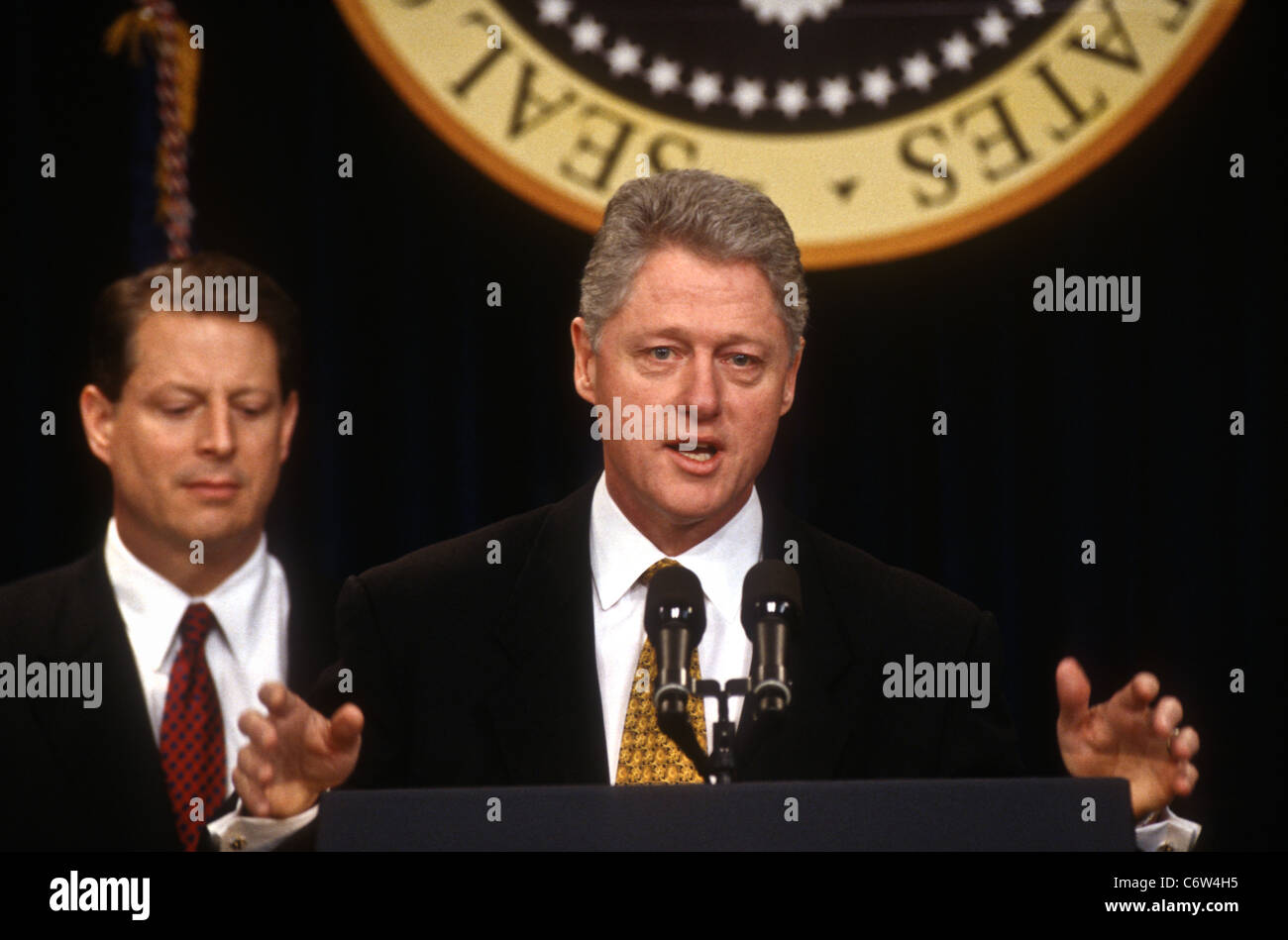 US President Bill Clinton releases the Fiscal Year 1998 Federal Budget as Vice President Al Gore looks on Stock Photo