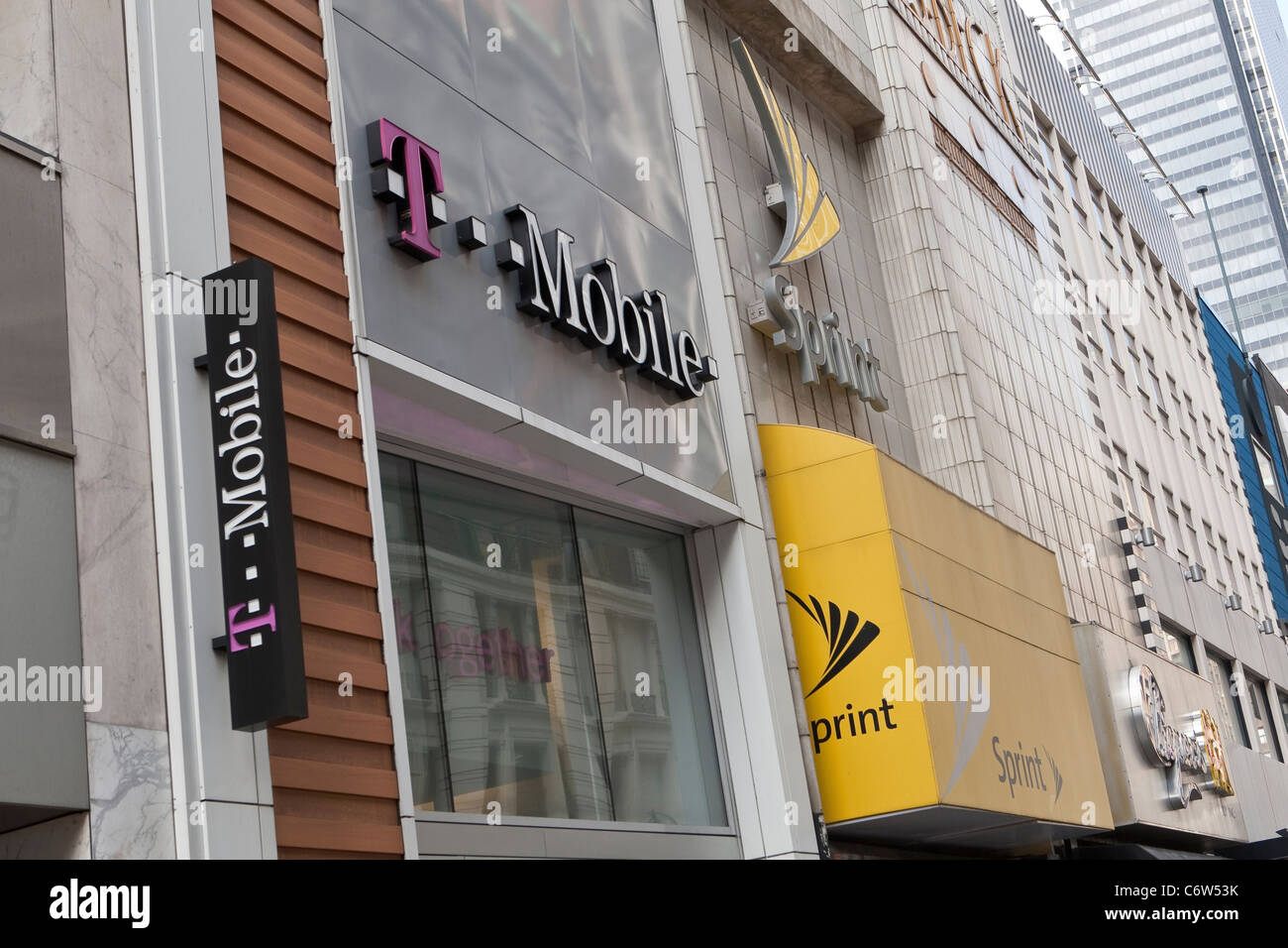 A Sprint and T-Mobile store are pictured in New York City, NY Thursday August 4, 2011. Stock Photo