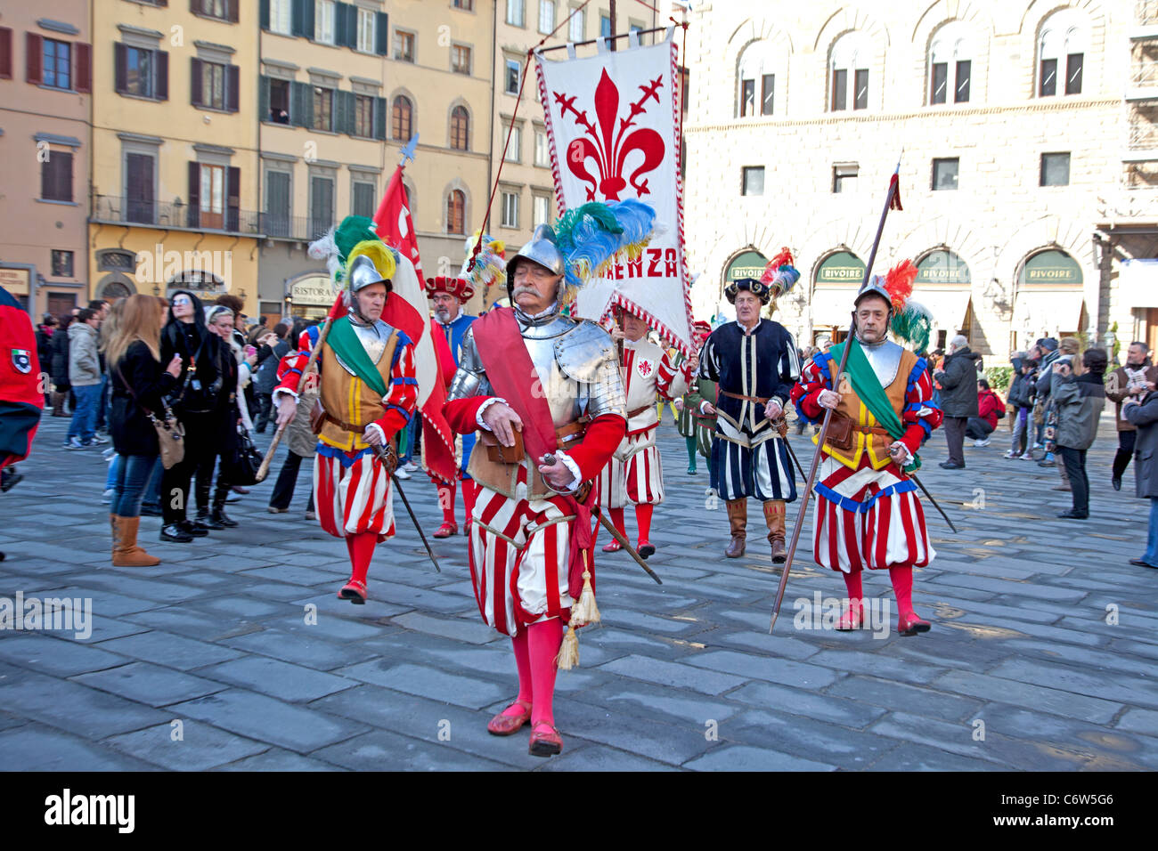 Men parading in traditional costume through the streets of Florence Italy. Stock Photo
