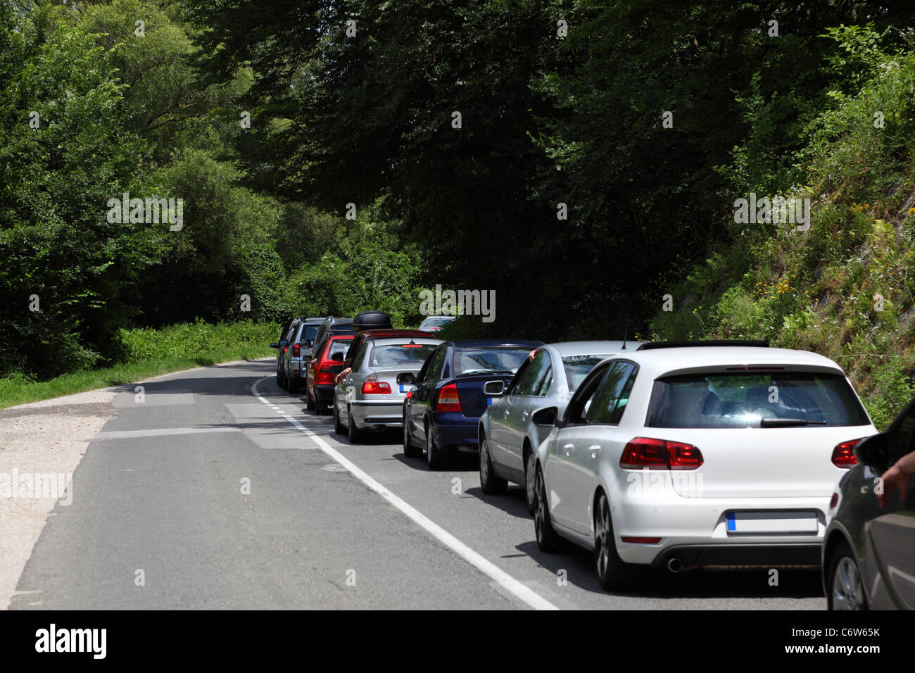 Cars in a traffic jam on a country road Stock Photo