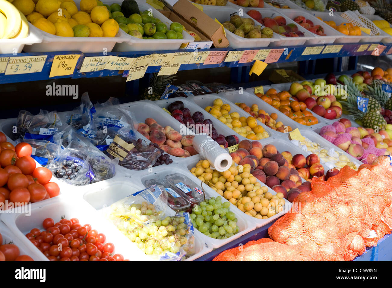 Fruit stall outside Convenience Store Stock Photo