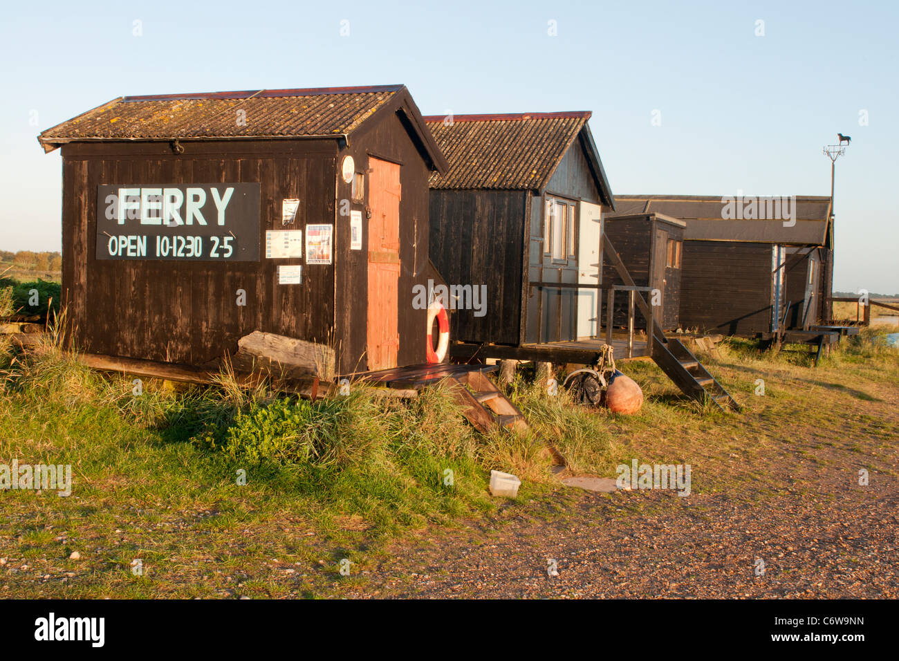 Walberswick, Suffolk, Ferry Hut for crossing the river Blyth . Taken at sunrise on a frosty morning in March. Stock Photo