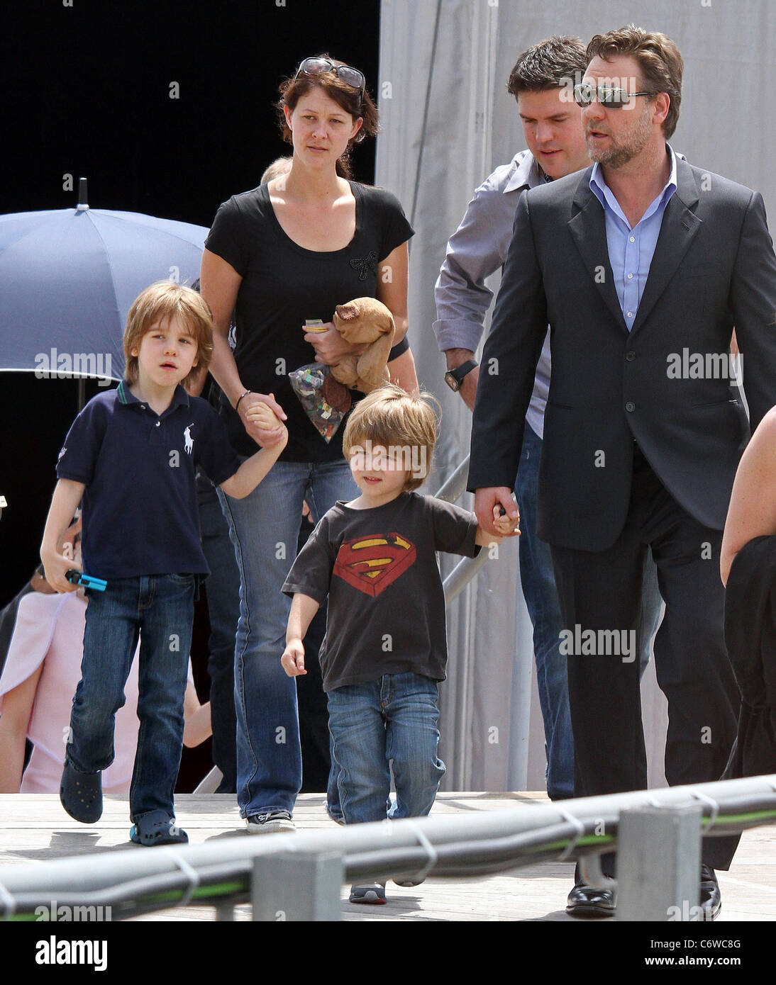 Russell Crowe with sons Charles Crowe and Tennyson Crowe 2010 Cannes