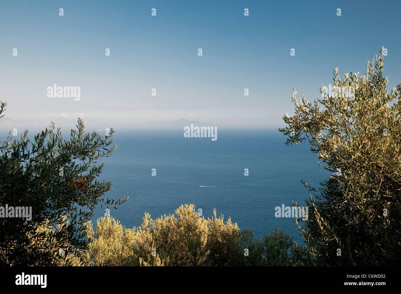 The view from above Amalfi, Italy, looking over the Tyrrhenian Sea towards the distant mountains of Sicily Stock Photo