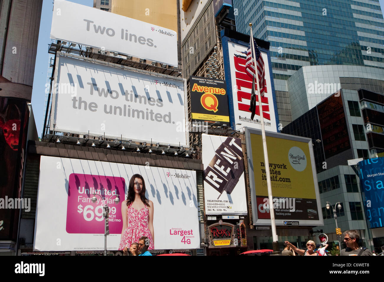 Various advertising boards are pictured on Times Square in the New York City borough of Manhattan, NY, Tuesday August 2, 2011. Stock Photo