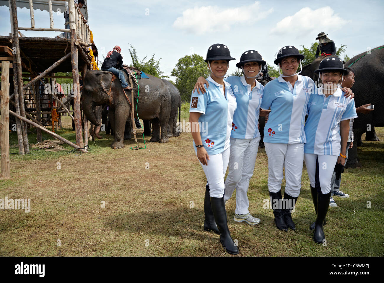 Sportswomen. Members of the Soco ladies elephant polo team competing at the 10th Kings Cup tournament 2011. Hua Hin Thailand S.E. Asia Stock Photo