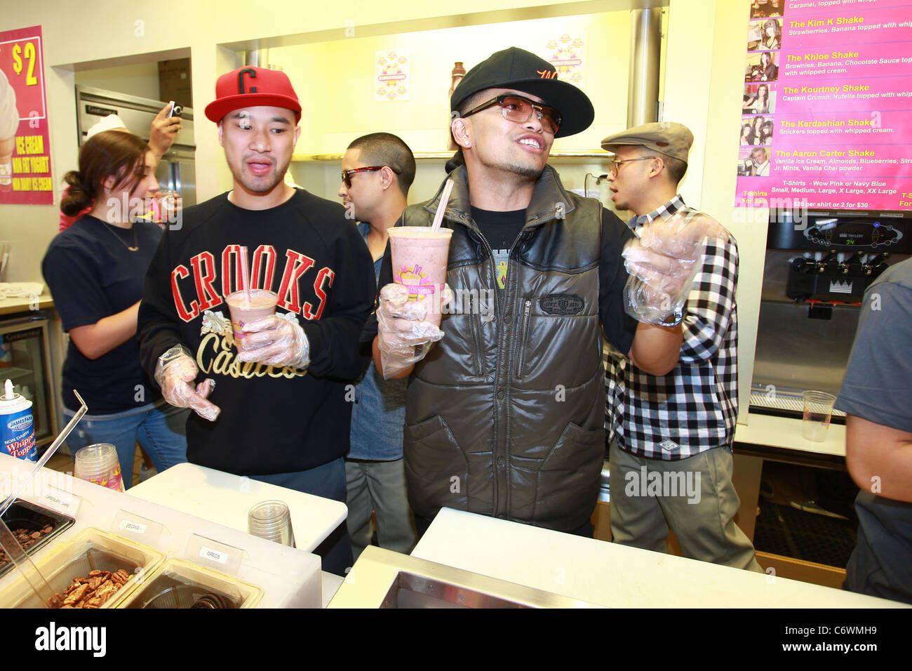 Members of the all-male hip-hop dance crew JabbaWockeeZ make their own milkshake creations at Millions of Milkshakes in West Stock Photo