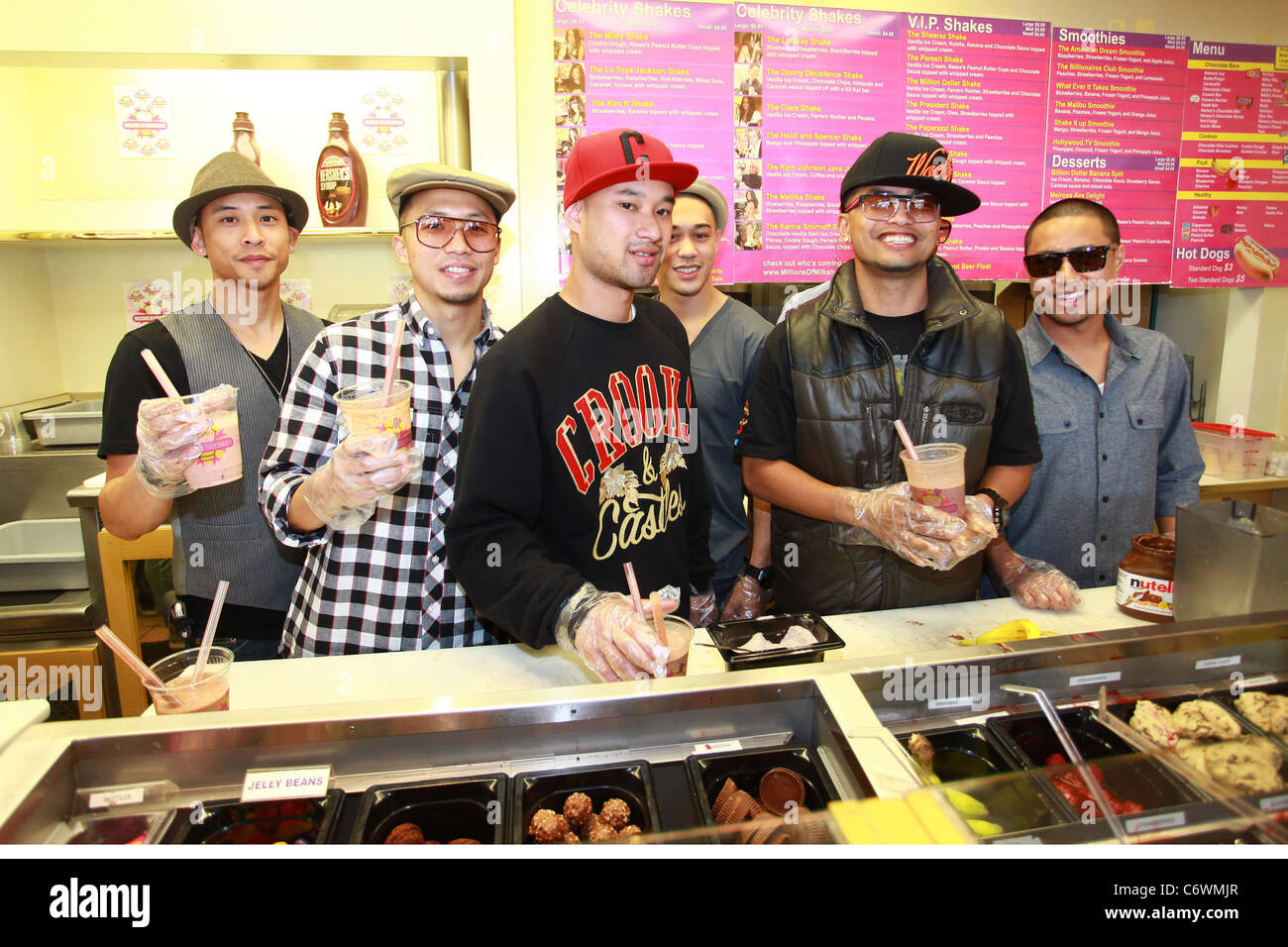 Members of the all-male hip-hop dance crew JabbaWockeeZ make their own milkshake creations at Millions of Milkshakes in West Stock Photo