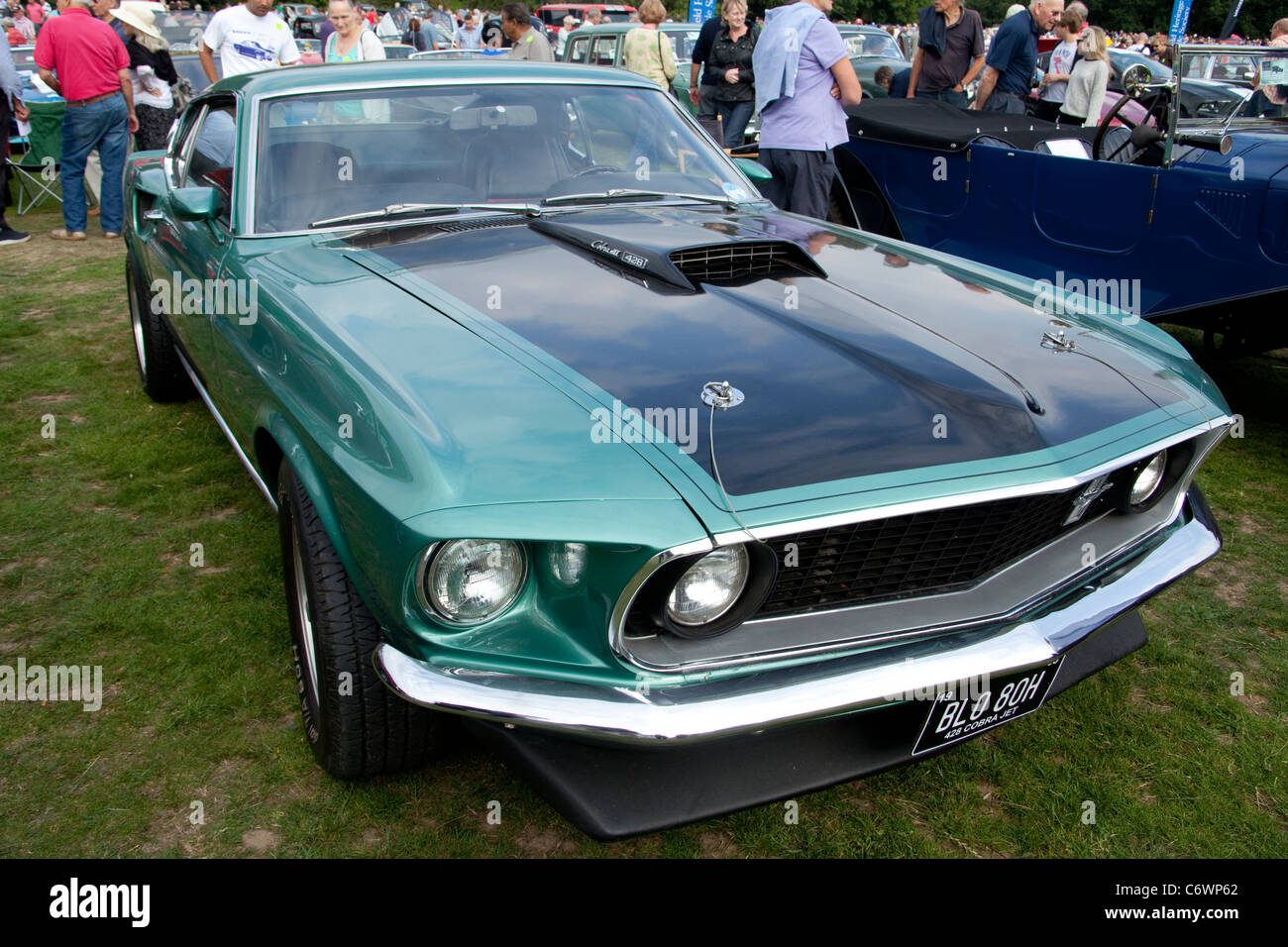 Classics on the Common Harpenden 2011 USA Ford Mustang classic car green Mach 1 1969 Cobra jet 428 muscle Stock Photo