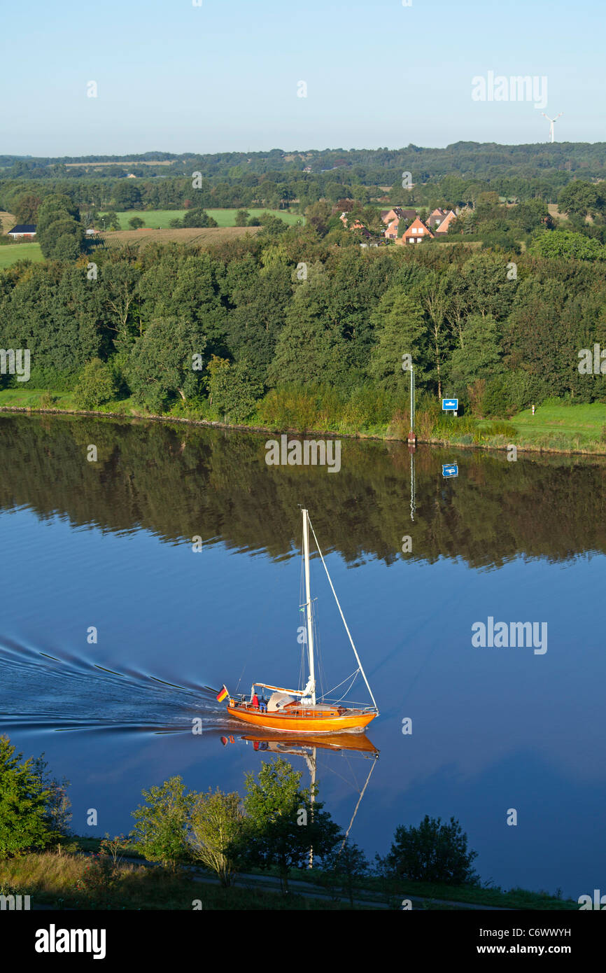 sailing boat on Kiel Canal near Schafstedt, Schleswig-Holstein, Germany Stock Photo