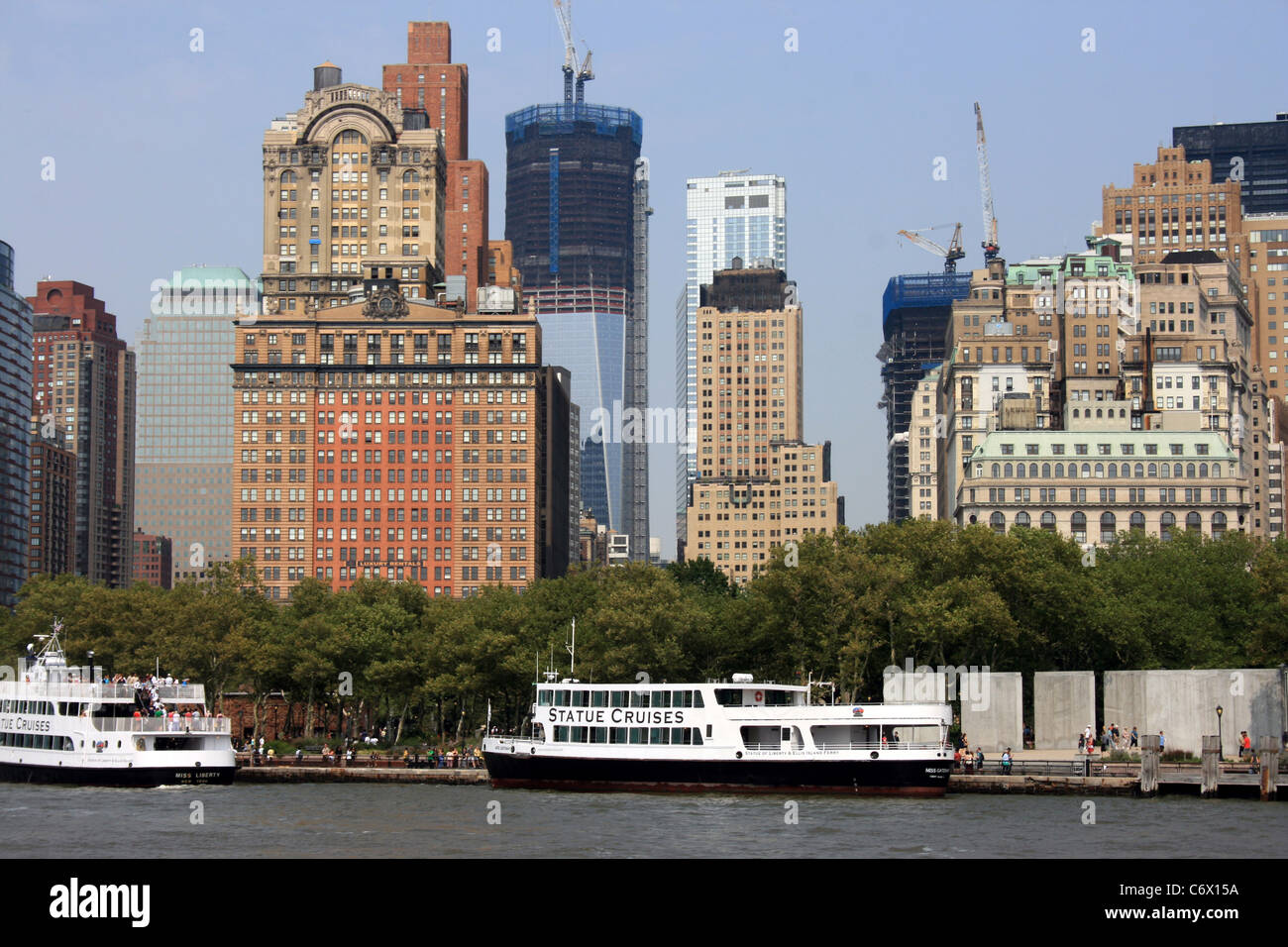 Lower Manhattan skyline at Battery Park (World Trade Center construction in the background). Stock Photo