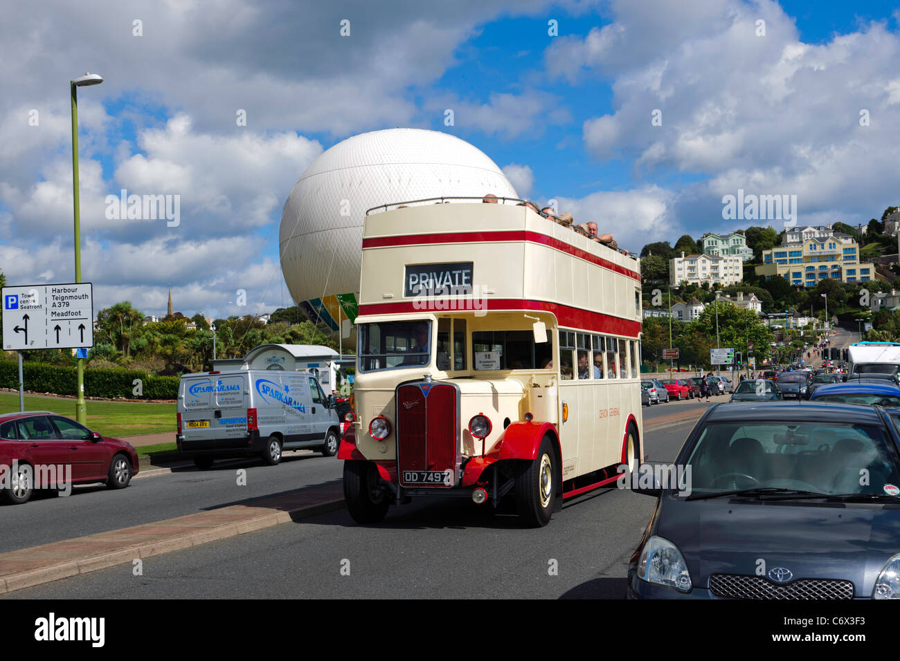 1934 AEC Regent double decker bus along Torquay seafront during Torbay Vintage Bus Running Day Stock Photo