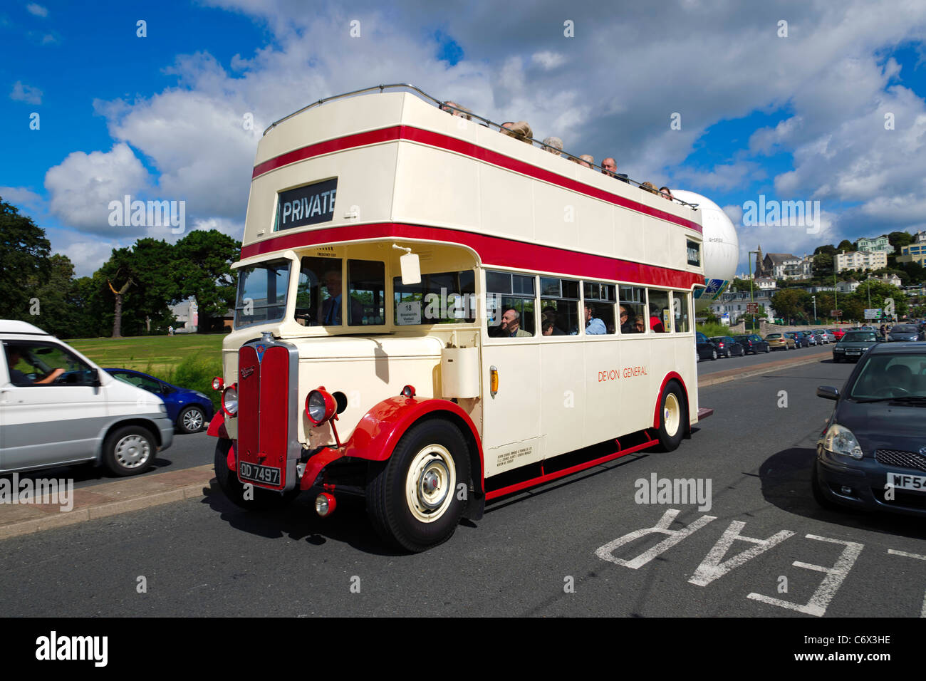 1934 AEC Regent double decker bus along Torquay seafront during Torbay Vintage Bus Running Day Stock Photo