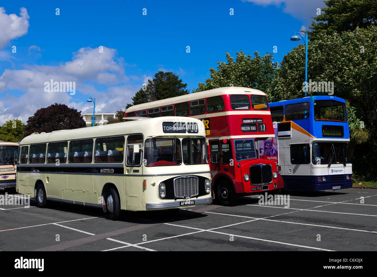 Vintage buses / coaches including 1969 Bristol RELH6G / ECW, 1956 Regent Mark V / Metro Cammell and 1998 Volvo Olympian Stock Photo