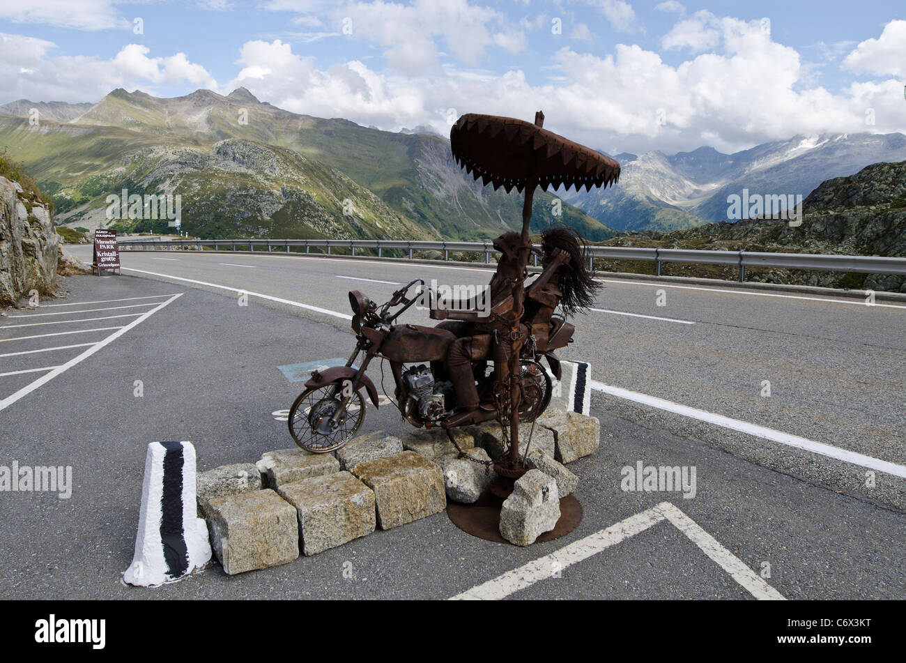 Baren und Eulen Motorbike sculpture Grimsel Pass Switzerland Stock Photo