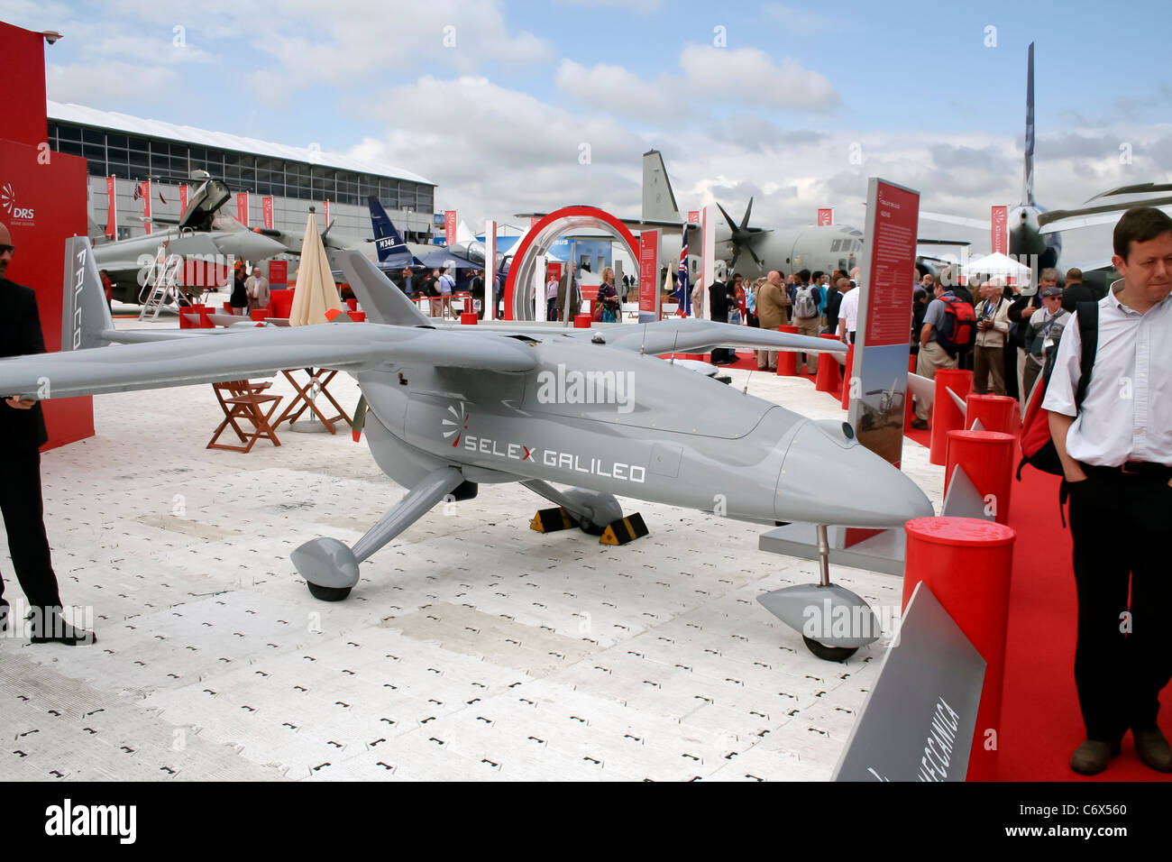 The SELEX Galileo Falco UAV, displayed at the Farnborough International Airshow 2010, is an unmanned aerial vehicle designed for surveillance and reconnaissance. Its advanced capabilities showcase the growing role of UAVs in military and civilian operations. Stock Photo
