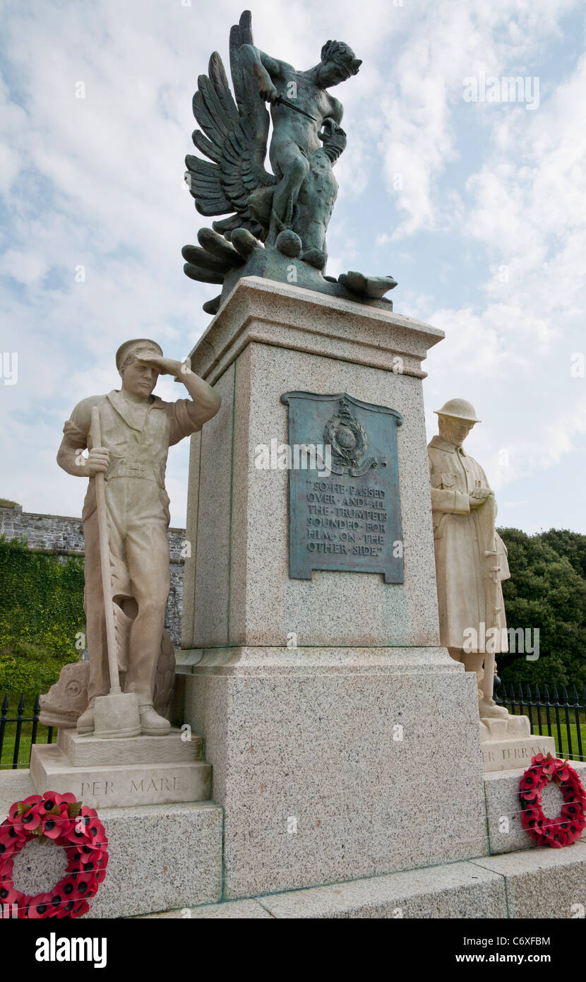 Memorial to Royal Marines who lost their lives in WW1 and WW2, Royal Citadel, Plymouth.  Inscribed 'Per Mare, Per Terram' Stock Photo