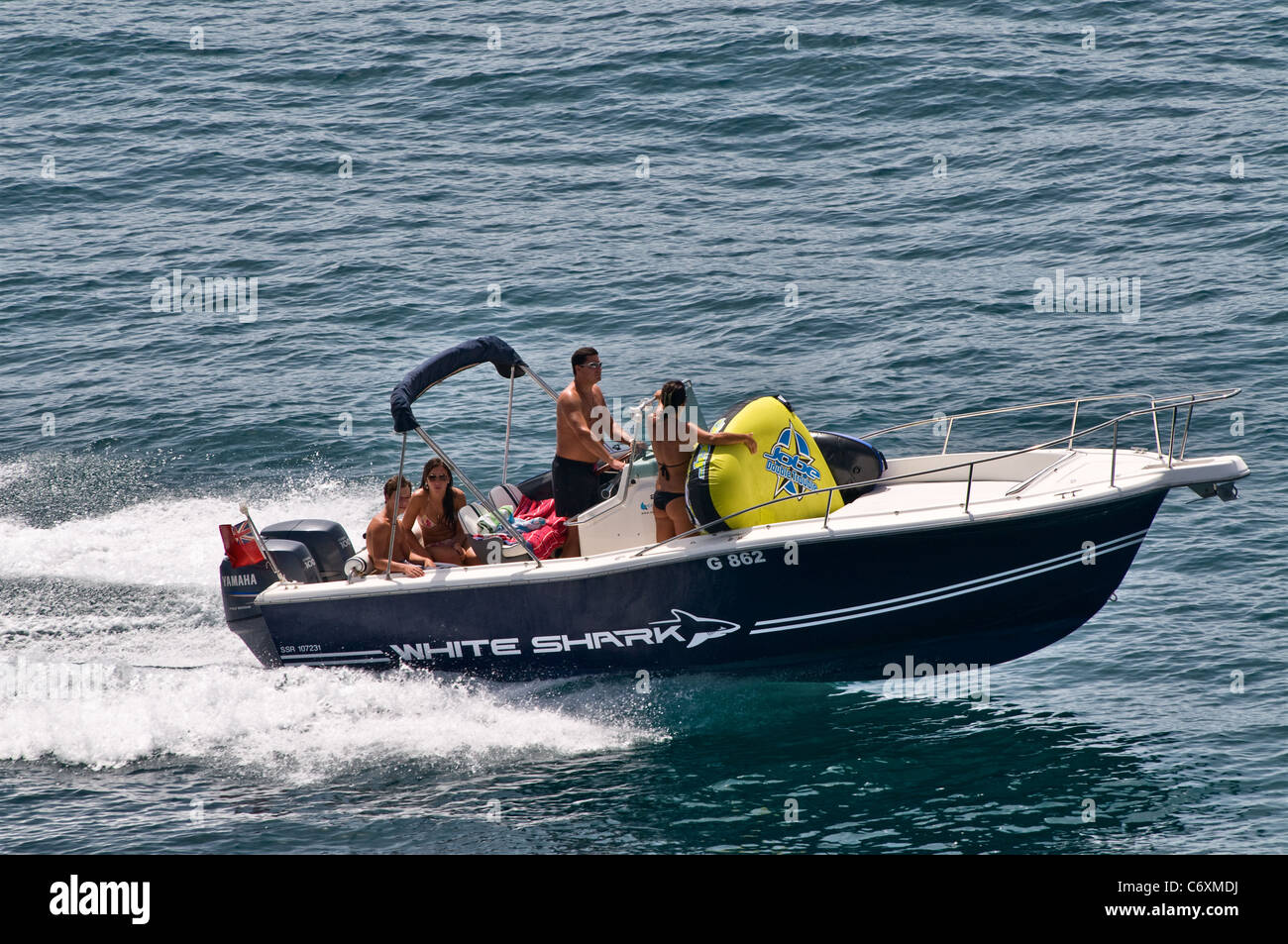 Small boat, pleasure craft 'The White Shark', Yamaha 100HP twin outboard engines. Stock Photo