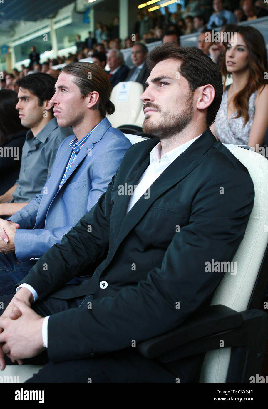 Spanish footballers Kaka and Sergio Ramos and Iker Casillas attend a