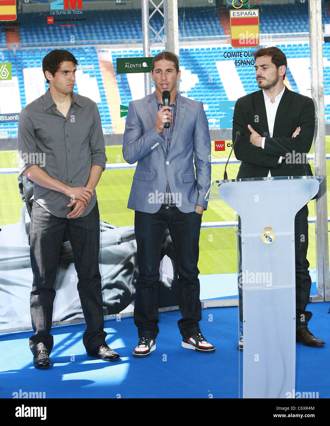 Spanish footballers Kaka and Sergio Ramos and Iker Casillas attend a