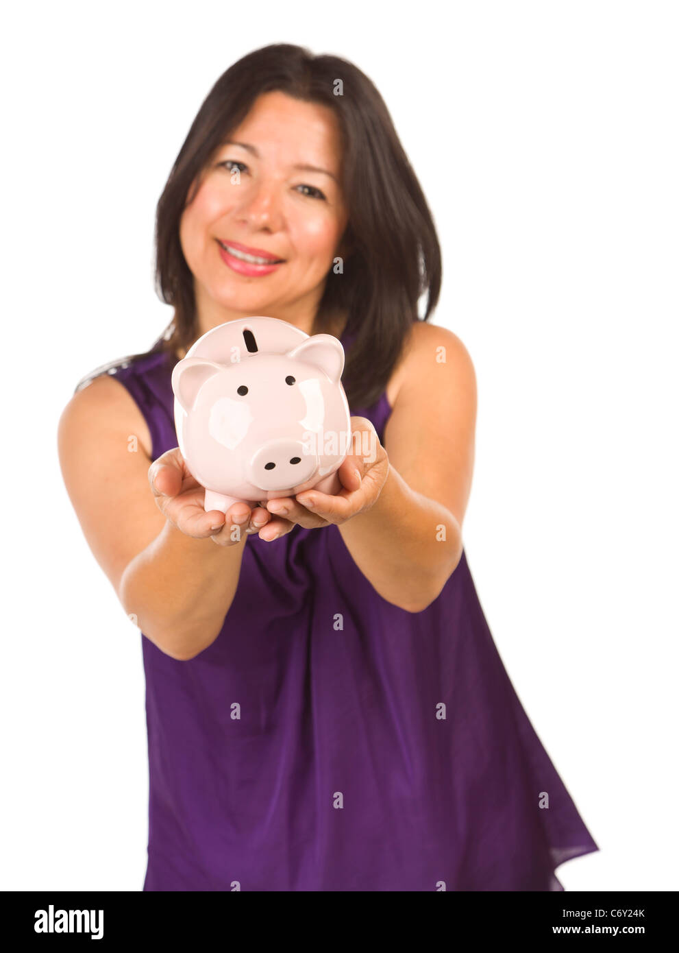 Smiling Hispanic Woman Holding Piggy Bank Isolated on a White ...