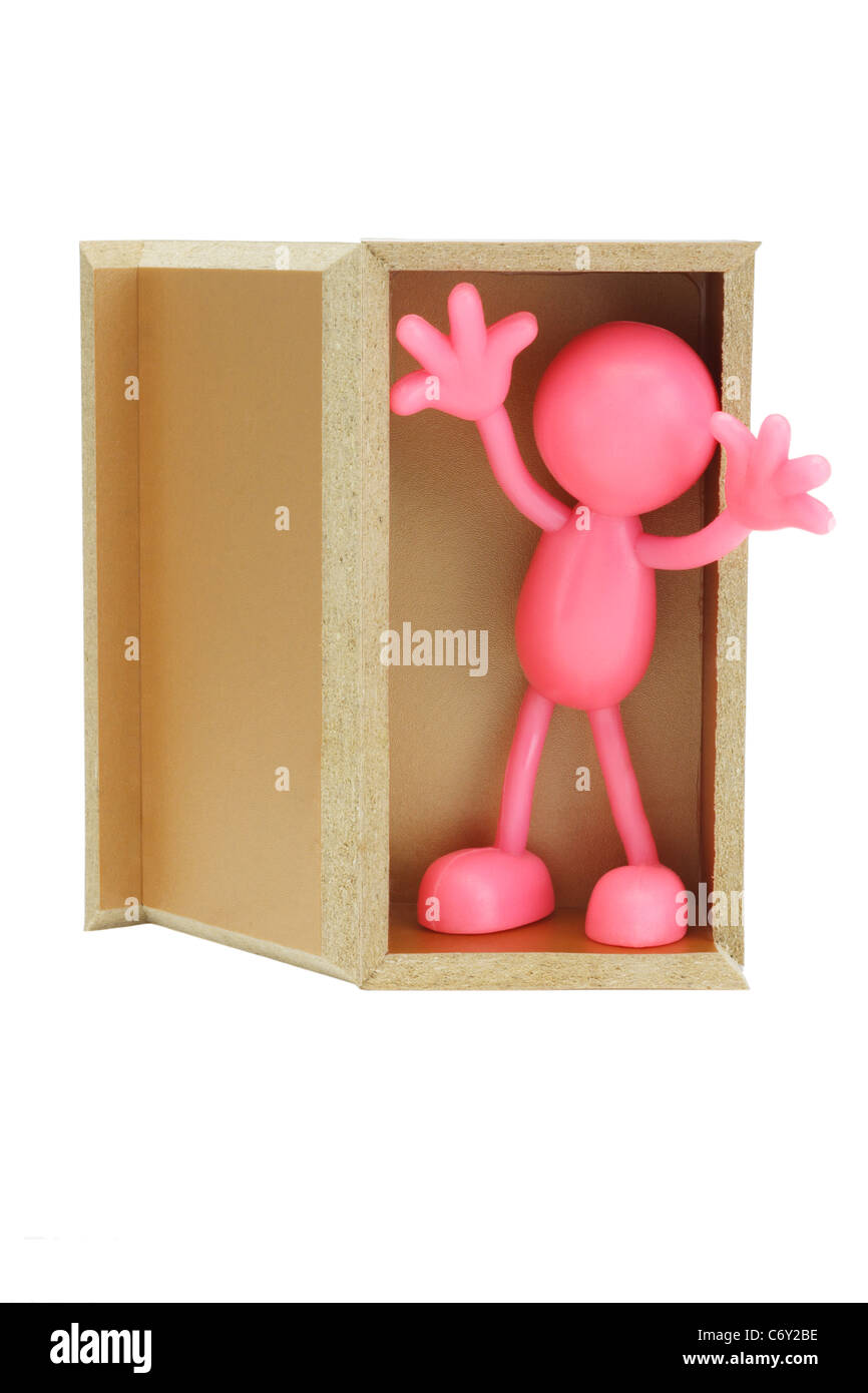 Faceless figurine surprise appearance from an open box on white background Stock Photo