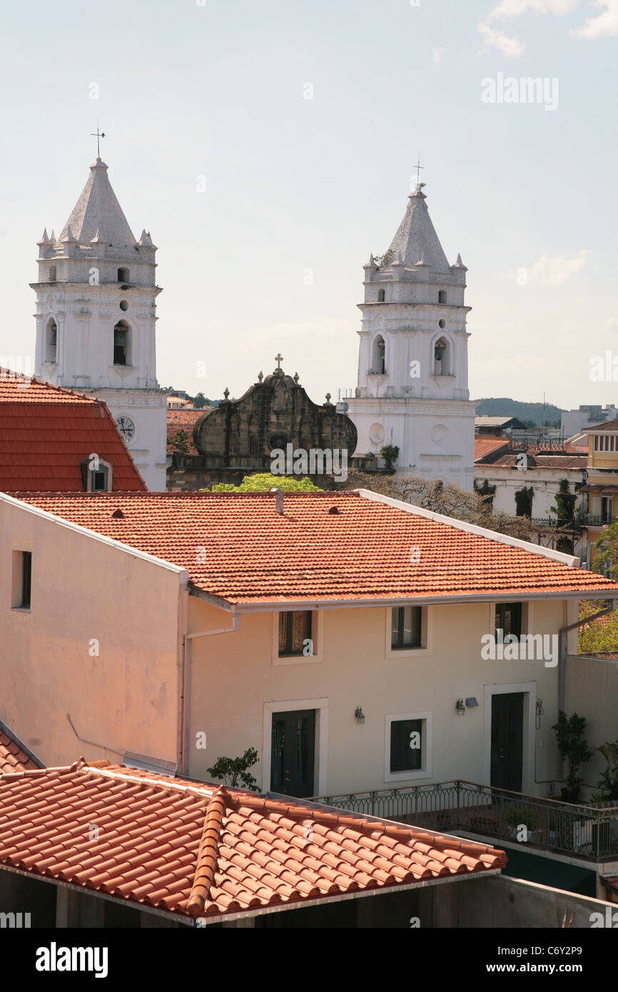 View of the Casco Antiguo of Panama City, seen from the rooftop of a high building. Stock Photo