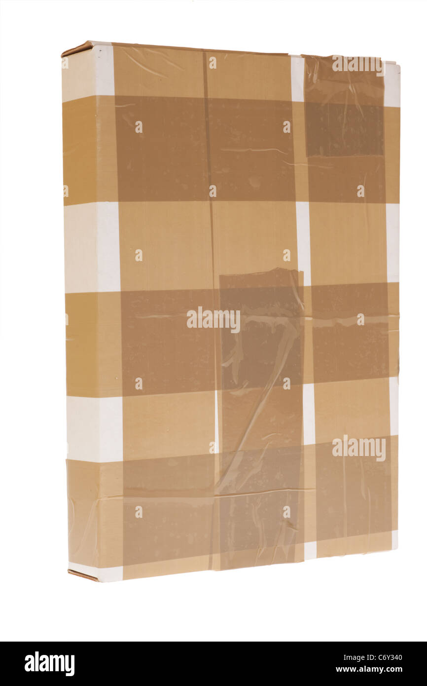Side Of Cardboard Box With Tape Isolated On White Secure