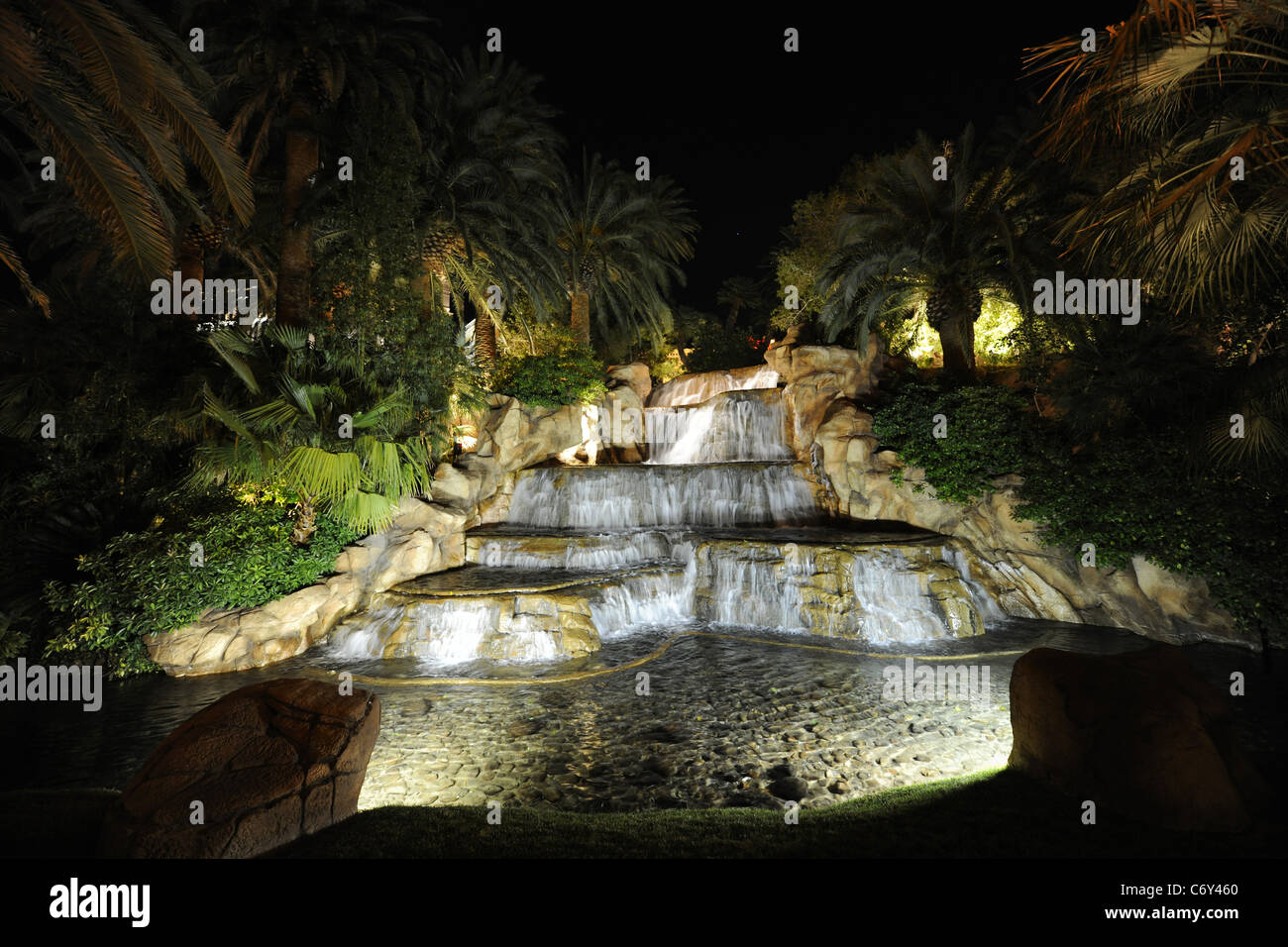 Falls and fountains. A night kind on falls and fountains. Night illumination. Stock Photo