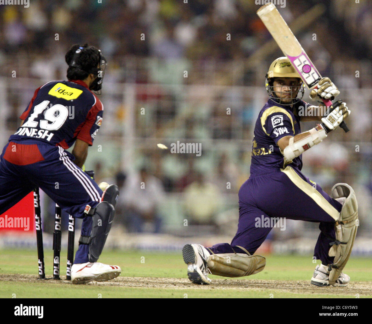 Kolkata Knight Riders Batsman Sourav Ganguly is Bowled out By D. Vettori Durinhg of the Delhi Daredevils During The Indian Stock Photo