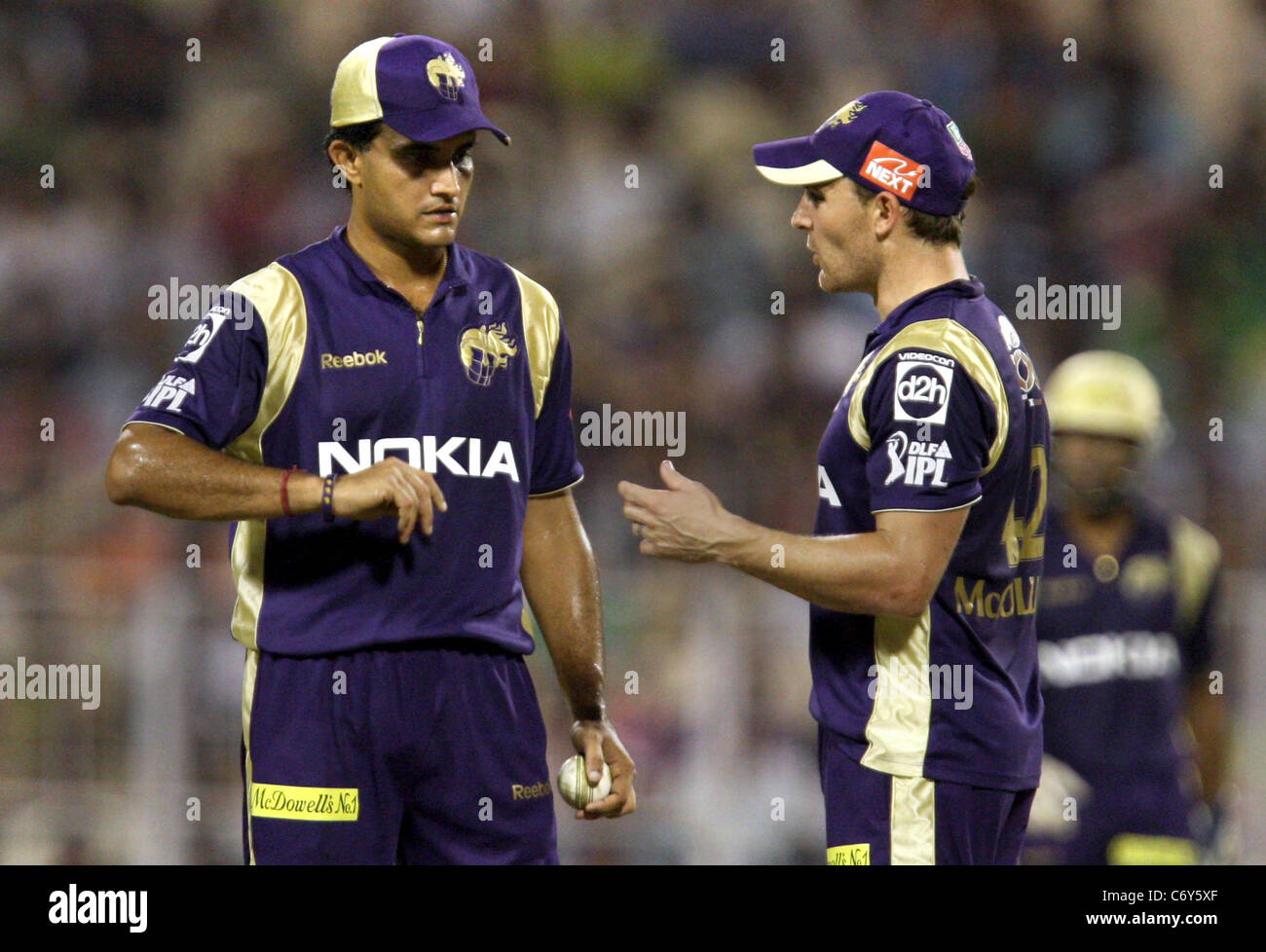 Kolkata Knight Riders Players Sourav Ganguly And Brendon McCullum Against the Delhi Daredevils During The Indian Premier League Stock Photo