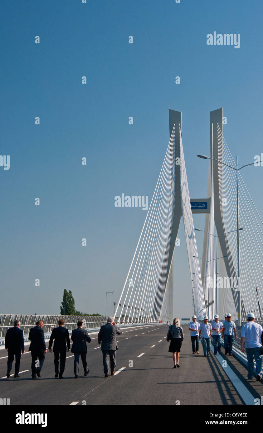 Government members at new Redzinski Bridge, world's fourth largest cable-stayed concrete bridge, Oder river, Wroclaw, Poland Stock Photo