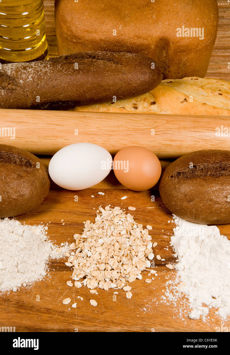 Components for a bread batch lie on a table. Stock Photo