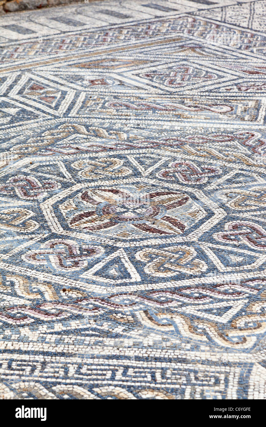 Mosaics in the House of the Skeletons Villa in Conimbriga, the best preserved Roman city ruins in Portugal. Stock Photo